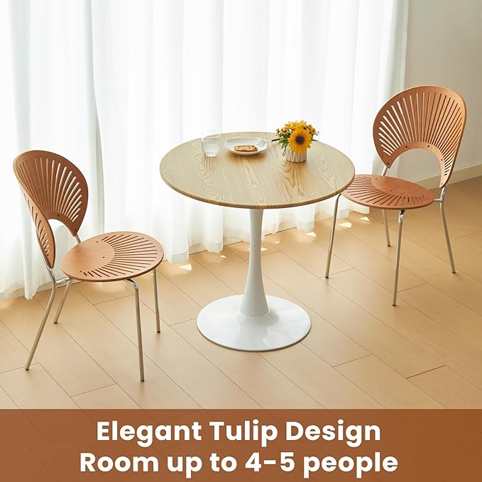 Round Dining Tulip Table for 4, Mid-Century Modern Table with Sturdy Metal Pedestal for Kitchen, Bistro, Cafe, Leisure (Faux Oak, 31.5 INCH)