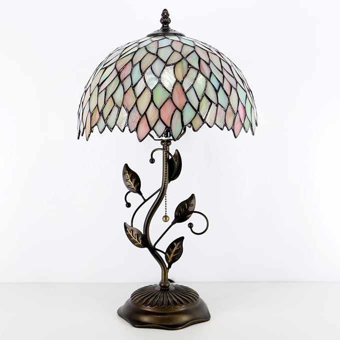 Tiffany Table Lamp, Stained Glass Style Desk Lamp, 12X12X19 Inch,Bedside Reading Light, Metal Leaf Base（Seven Color Wisteria Style