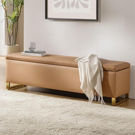 EcoHarbor Living Storage Ottoman Bench with Throw Ottomans, Modern End of Bed Bench, Upholstered Footrest Stool with Gold Legs for Living, Bedroom, Entryway and Hallway(Camel 60inch)