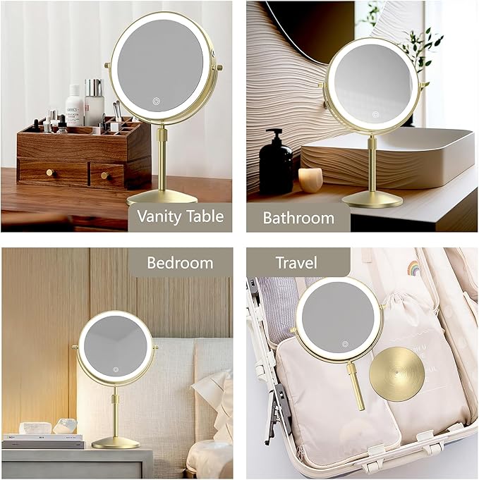 8" Lighted Makeup Mirror, 1X/10X Magnification Mirror with Lights, Double Sided Dimmable Mirrors, Rechargeable & Brightness & Height Adjustable, Cordless Vanity Mirror(Gold)