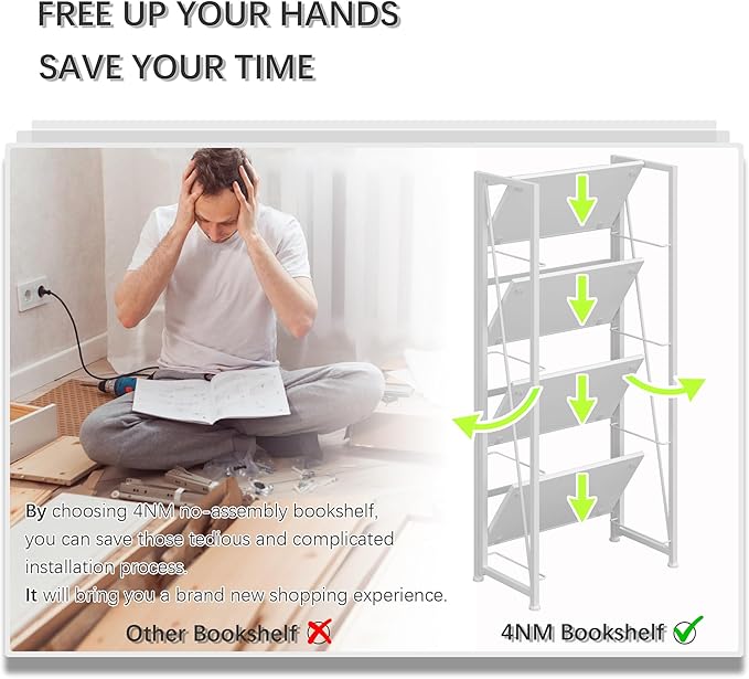 4NM No Assembly Folding Bookshelf Storage Shelves 4 Tiers Vintage Bookcase Standing Racks Study Organizer Home Office (All White)