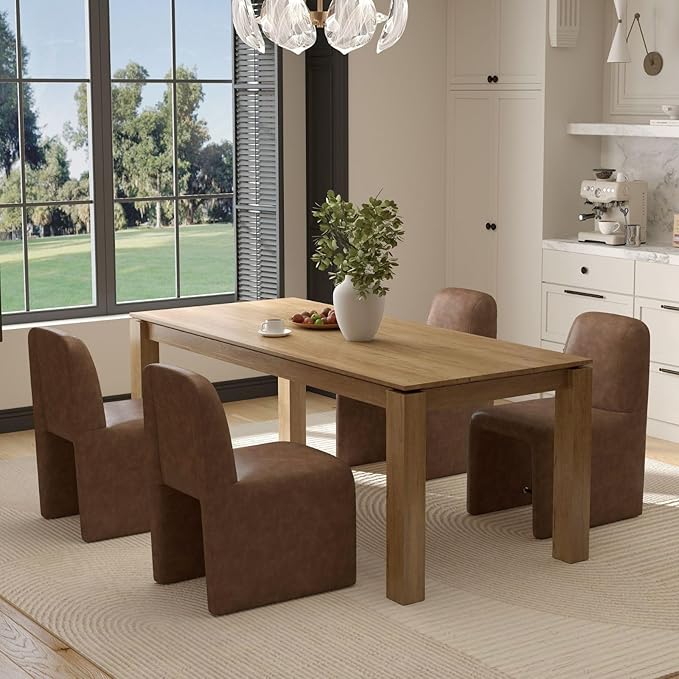 Brown Upholstered Leather Dining Chairs Set of 6, Mid Century Modern Dining Room Chairs with Deep Seat & Curved Back, Armless Side Chair Comfy Kitchen Chairs for Living Room/Kitchen