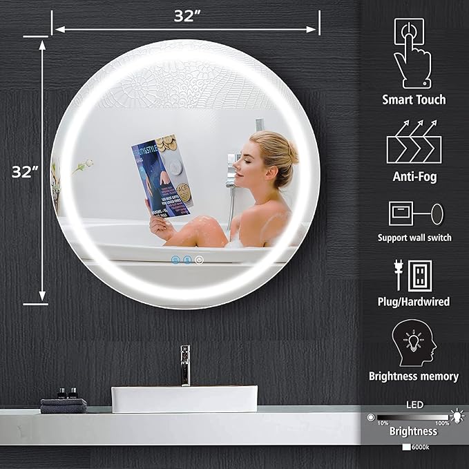 32 Inch Bathroom Round LED Mirror with Lights for Bathroom Wall Mounted Round Lighted Vanity Mirror with 3 Colors Lights Wall Mirror Dimmable Anti-fog Memory Bathroom Smart Circle LED Mirrors