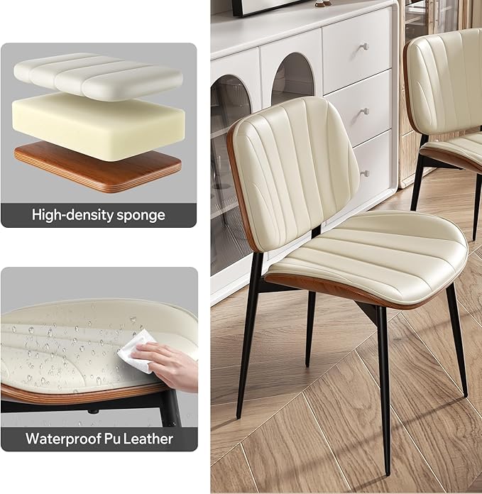 Dining Chairs Set of 4, Mid Century Modern Dining Room Chairs, Upholstered Faux Leather Kitchen Chair with Walnut Bentwood Back for Kitchen Dining Room Living Room, Beige