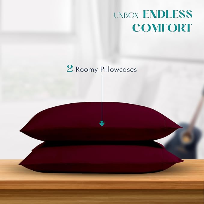 XOOX Linen 100% Egyptian Cotton Pillow Cases Standard/Queen Size Set of 2 - Luxury 1200 Thread Count Sateen Burgundy Pillow Cases, Silky Soft Cooling Pillowcases Fits Standard & Queen Size Pillows