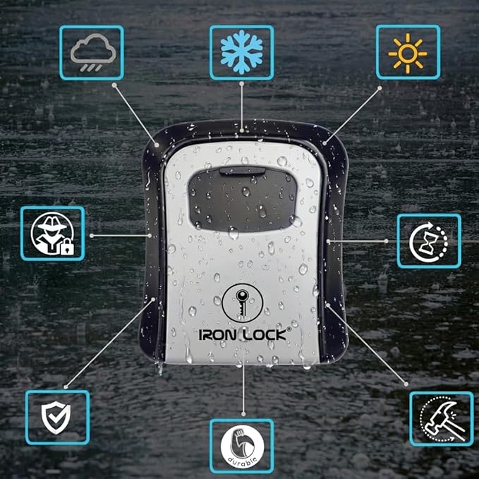 Iron Lock® Key Lock Box Wall Mount – Medium Waterproof Heavy-Duty Metal Safe with 4-Digit Combination for Outdoor Access, Home Entry, Office Security, Rentals & Airbnb Use (Grey, Medium)