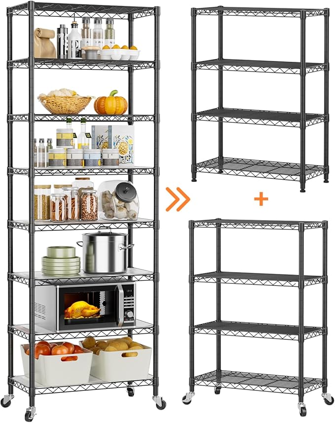 8 Tier Shelves Storage Shelf Wire Closet Bathroom Organizers Metal Pantry Kitchen Garage Shelving Unit Laundry Room Organization Home Rack Net Basket Black with Wheels 12”D X 22”W X 74.2”H