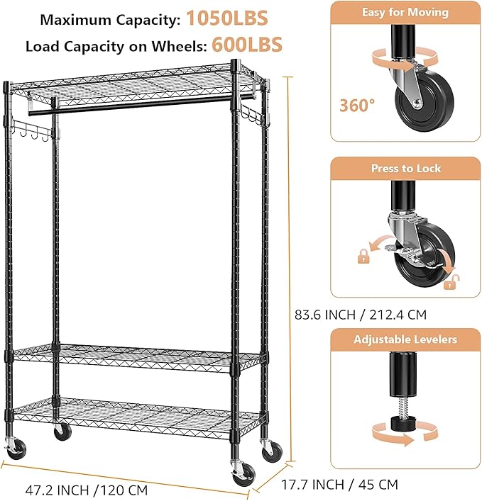 Heavy Duty Rolling Garment Rack 3 Tiers Adjustable Wire Shelving Clothes Rack with Rods and Side Hooks,Storage Closet Clothing Rack with Wheels Black 17.7" D x 47.2" W x 83.6" H