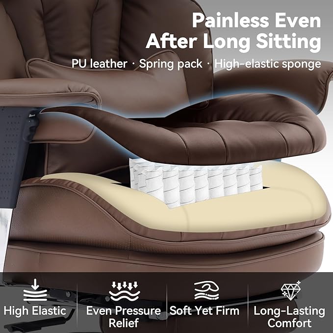 Efomao Big and Tall Office Chair 400lbs, Ergonomic High Back Executive Office Chair with Footrest, Wide Computer Desk Chair for Home Office, Comfortable PU Leather Heavy Duty Chair，Brown