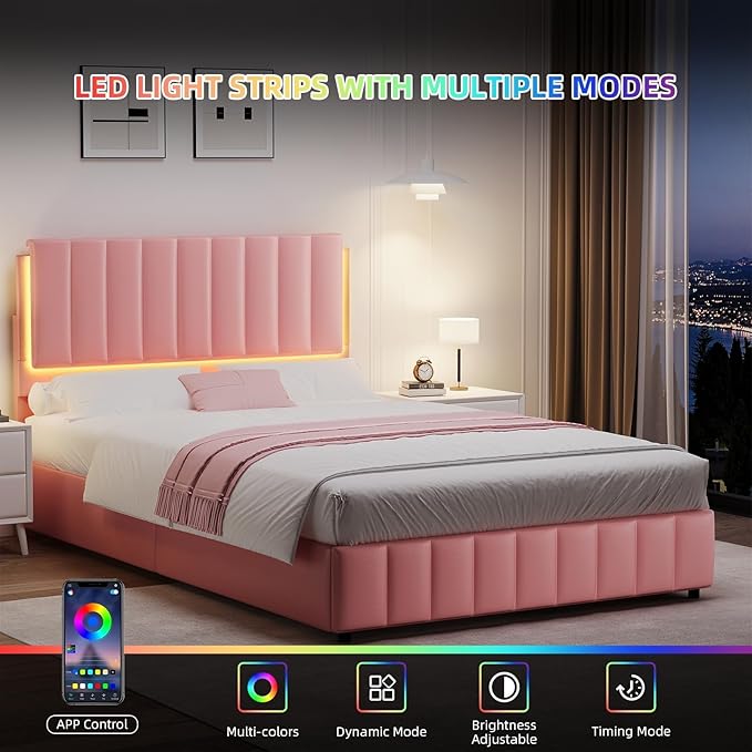 Queen Bed Frame with Headboard and LED Lights, Modern Upholstered Faux Leather Platform Bed with Wooden Slats Support, No Box Spring Needed, Easy Assembly, Pink