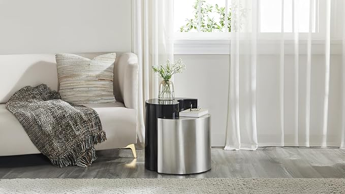 Modern Contemporary Luxury Ying-Yang 20" Height End Table Set, Sculptural Design with Aluminum Frame for Living Room, Entryway, Home & Office, Black & Silver Dual Tone End Table