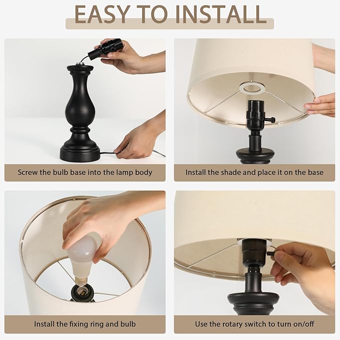 Seealle Farmhouse Table Lamps Set of 2 - Rustic Lamp for Bedroom Living Room, 22" Boho Bedside Lamps for Night Stands End Table Office Desk Lamp Nightstand with Linen Shades(Matte Black)