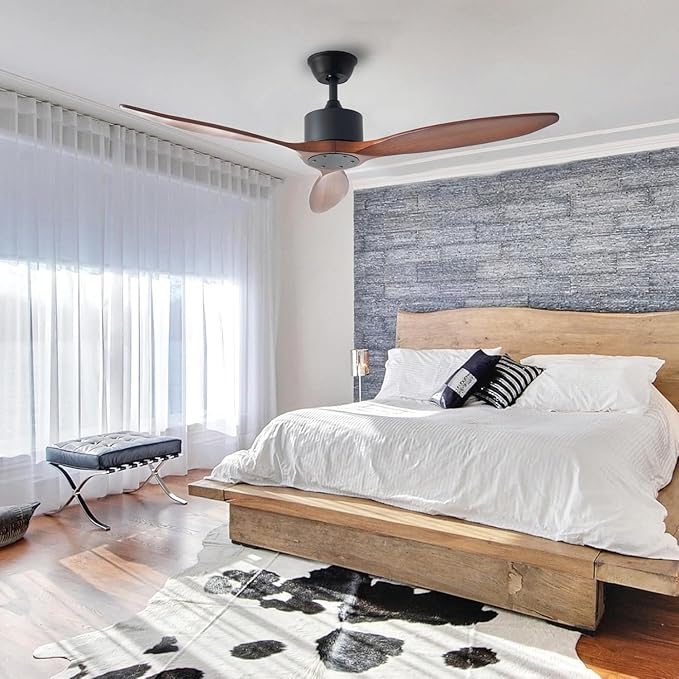 52 inch 3 blade Wood ceiling fan without light, Noiseless Reversible DC Motor Walnut Ceiling Fan Without Light for Farmhouse Patio Living Room Bedroom, Indoor Outdoor Ceiling Fan with Remote