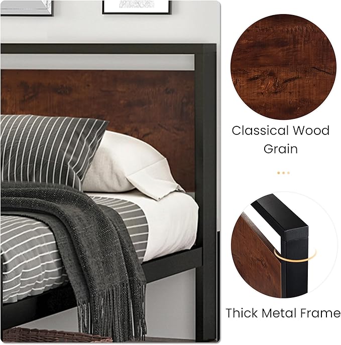 SHA CERLIN 14 Inch King Size Metal Platform Bed Frame with Wooden Headboard and Footboard, Mattress Foundation, No Box Spring Needed, Large Under Bed Storage, Mahogany