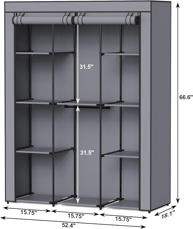 Portable Closet, Wardrobe Closet with 10 Storage Shelves and 2 Hanging Rods, Non-Woven Fabric Cover, 52.4 x 18.1 x 66.6 Inches Closet Organizer for Bedroom, Gray