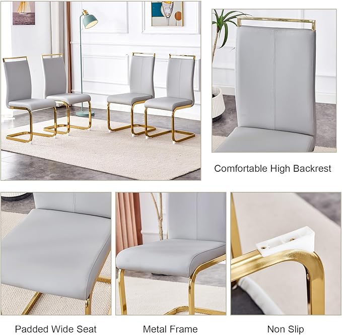 Dining Table Set of 4,51" Rectangle Tempered Glass Tabletop with Golden Metal Legs,Kitchen Room Table with 4 Light Grey Faux Leather Chairs,Dinner Table Set for Dining Room Office