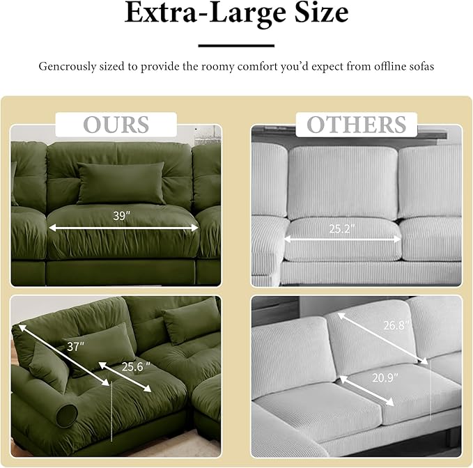 130"Oversized Couch, 3 Seater Modular Sectional Sofa, Olive Green Large U Shaped Sectional Couches for Living Room, Fluffy Couch Set, 3 Seater, Velvet Cloud Couches with Ottoman, Sofas for Living Room
