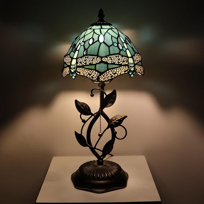 Small Stained Glass Lamp Sea Blue Dragonfly Style Table Lamps Desk Bedside Reading Light 8X8X18 Inches with Bronze Metal Leaf Resin Base