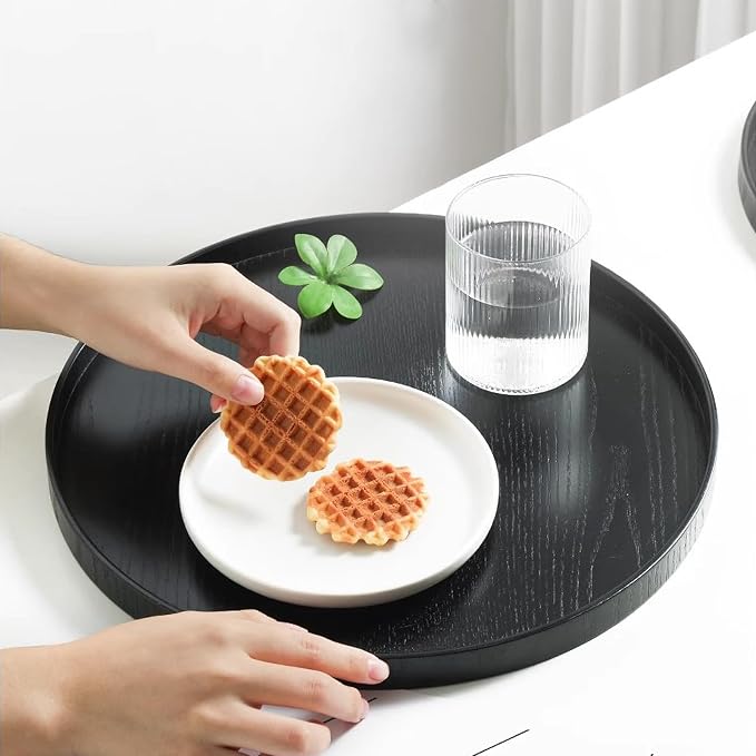 Round Wood Serving Tray, Solid Wooden Decorative Tray Non-Slip Tea Coffee Table Tray Snack Plate Food Meals Serving Tray with Raised Edges for Home Decor Kitchen Restaurant (9.5inch, Black)