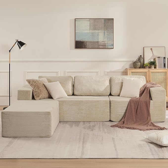 106" Cloud Sectional Couch, Left/Right Facing Convertible Sofa with Deep Seat, L-Shape Modular Upholstered Foam Couch for Living Room Bedroom, No Assembly Required (Corduroy Fabric, Beige)