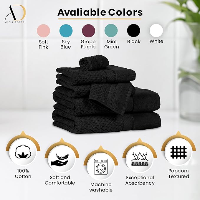 Ample Decor 100% Cotton Washcloths Set of 50 - Highly Absorbent, Popcorn Textured - Mulaayam Collection - Black 12 X 12 Inch