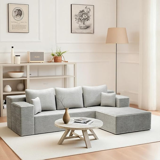 106''Boneless Couches for Living Room, L Shaped Modular Sectional Sofa with Chaise Lounge, Faux Rabbit Fur & Layered Cushion Deep Seat Cloud Couch, No Assembly (Grey, Right Facing Chaise)