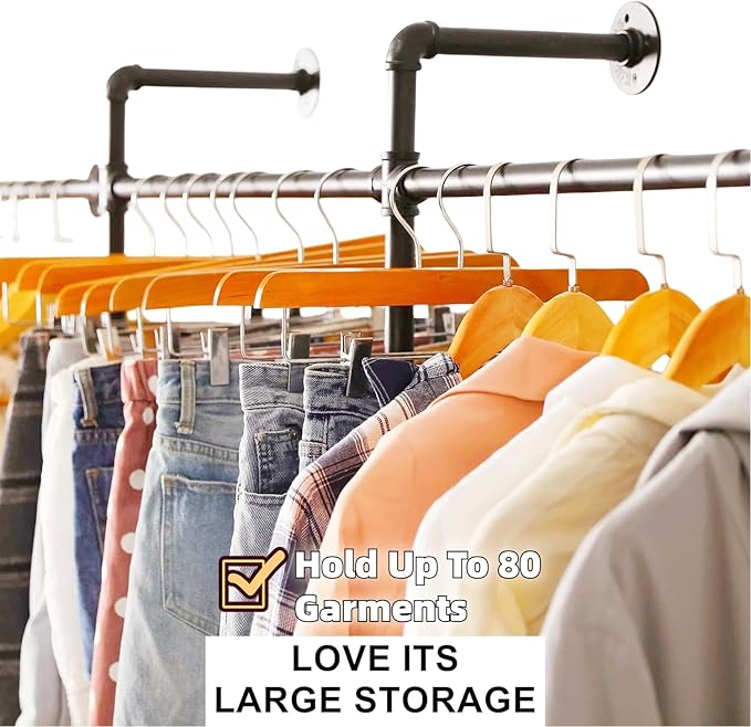 Industrial Pipe Clothing Rack, Hanging Garment Rack, Wall Mounted Pipe Clothes Rack with Four Hanging Rods, Heavy Duty Garment Rack, Industrial Steampunk Closet Organizer Hall Tree (Metal Pipes-Black)