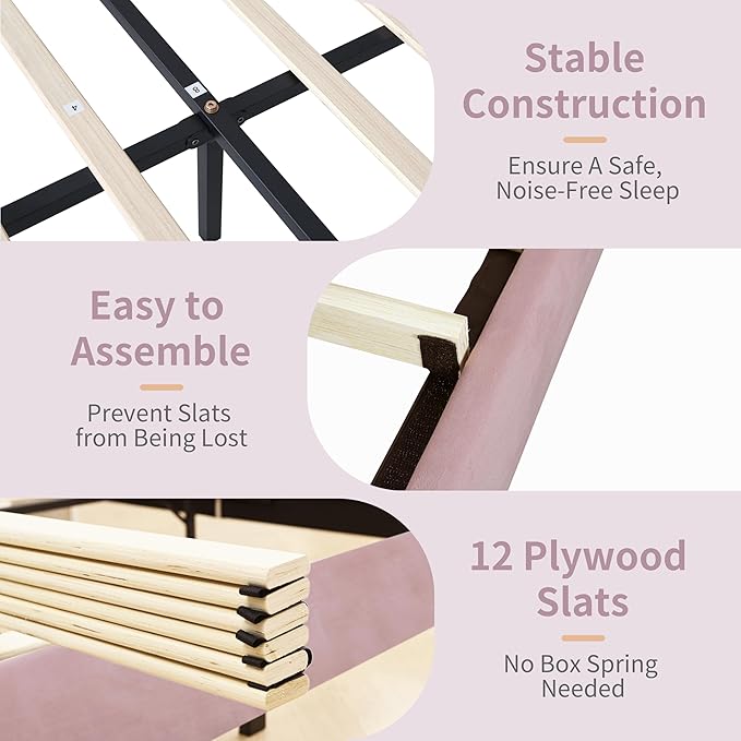 Queen Size Upholstered Platform Bed Frame with Modern Wingback & Vertical Panel Headboard, Velvet Fabric, Wooden Legs & Slats Support, No Box Spring Needed, Noise-Free & Easy Assembly, Pink