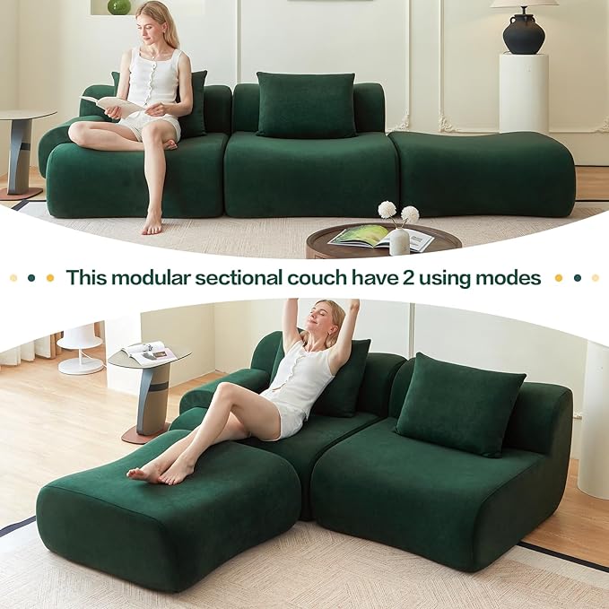 Modular L Shaped Sectional Couch, 114" Boneless Couches for Living Room with Deep Seat, Modern Lounge Sofa Sectional Sofa with Convertible Ottoman, Green Cloud Couch - No Assembly Required