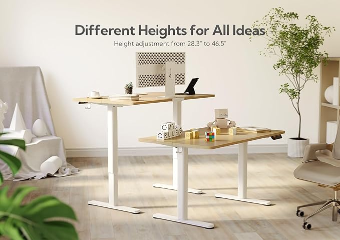 Claiks Electric Height Adjustable Stand Up Desk, 35x20 Inches Sit Stand Desk for Home Office, Nature Top/White Frame