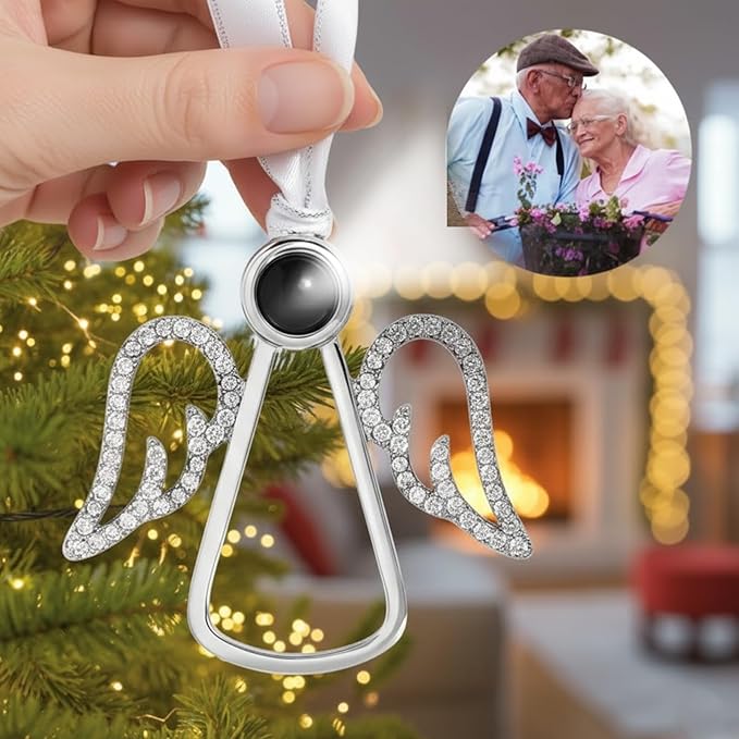 NAZENTI Personalized Christmas Ornament for Grandparents, Custom Angel Wings Photo Projection Ornament, Memorial Ornaments with Photo Inside for Tree Hanging Xmas, Family Remembrance Decor