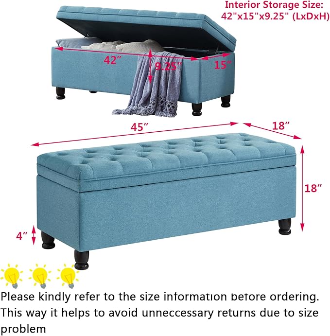 mikibama Bed End Storage Ottoman Bench,Linen Upholstered Storage Benches for Bedroom,Tufted 45" Long Ottoman Bench with Storage for Living Room Entryway Window (Light Blue 45")