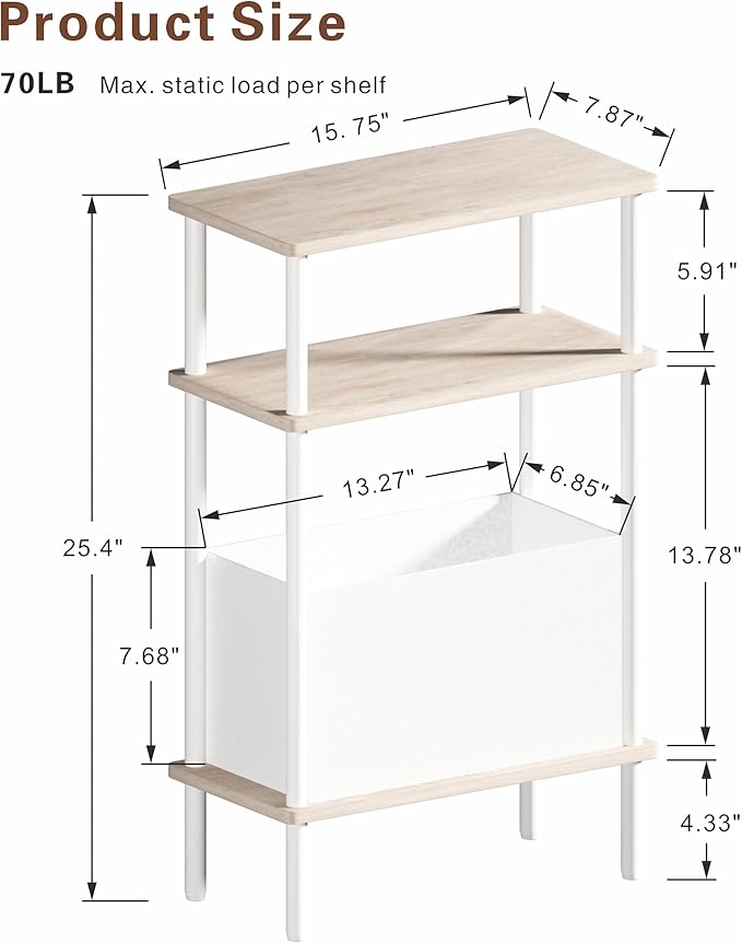 Narrow Side Table with Fabric Basket, Set of 2 End Table for Small Spaces, Slim Nightstand with 3-Tier Storage Shelf, Sofa Beside Table, for Living Room, Bed Room, Natrual Oak