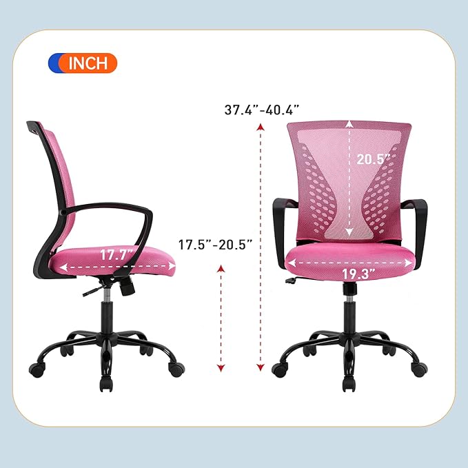 Office Chair Desk Chair Computer Chair with Lumbar Support Armrest Mid Back Rolling Swivel Task Adjustable Mesh Ergonomic Chair for Women Adults, Pink