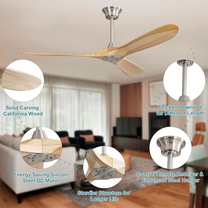 Sofucor Ceiling Fan without Lights, 60 Inch Low Profile Flush Mount Mordern Ceiling Fan with Remote for Indoor Farmhouse Bedroom Living Room Outdoor Patio Porch, Reversible DC Motor, Noiseless