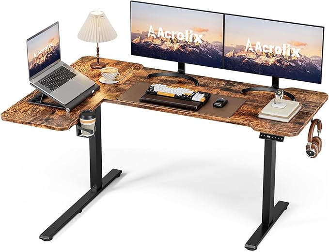 59 Inch L Shaped Standing Desk Adjustable Height, Electric Corner Standing Desk, Sit Stand Computer Table with Reversible Splice Board, Rustic Brown