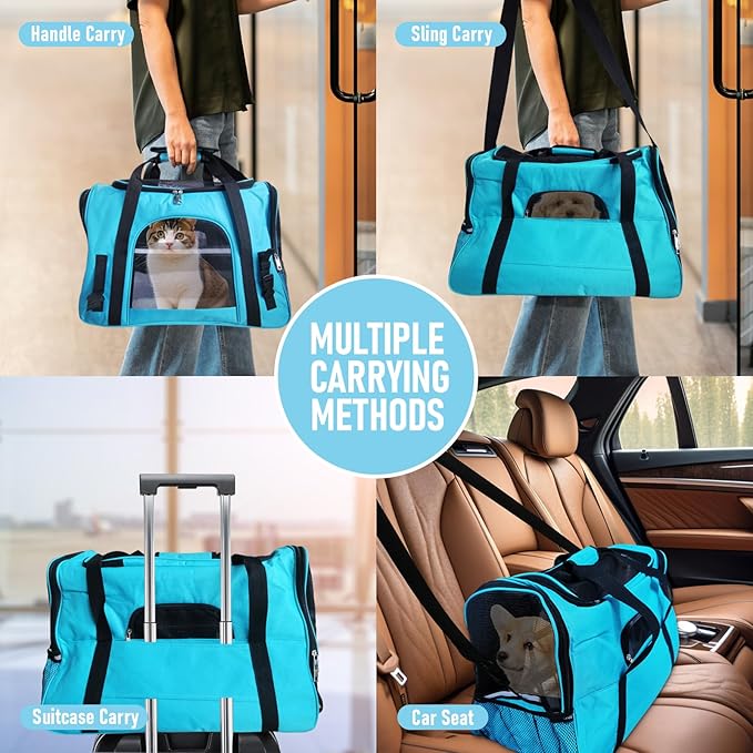 Expandable Cat Carrier for Travel, Soft-Sided Pet Carrier for Cats and Small Dogs, Airline Approved, Comfortable & Breathable Cat Carrying Bag with Adjustable Strap for Daily Use & Airplane(Blue)
