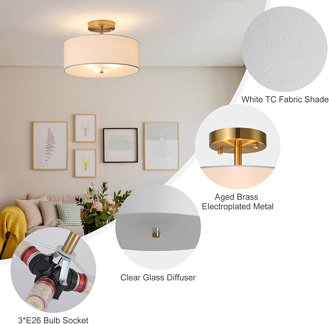 12.6" Semi Flush Mount Ceiling Light Fixture, 3 Light Gold Drum Light Fixtures with White Fabric Shade, Modern Close to Ceiling Lighting for Living Room, Bedroom, Hallway, Entry, Foyer