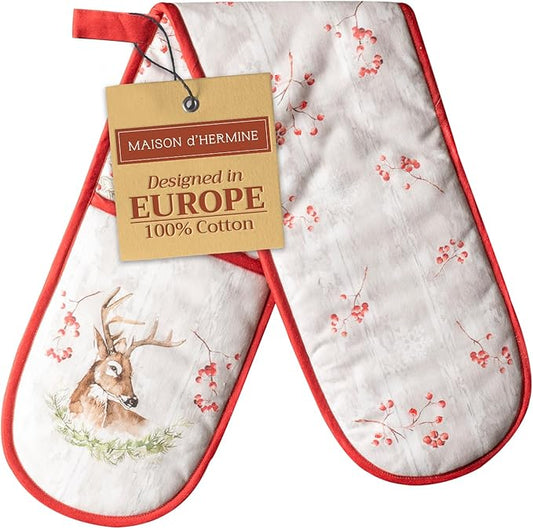 Maison d' Hermine Double Oven Mitt (7" x 35") 100% Cotton Heat Resistant BBQ Cooking Gloves with Loop for Thanksgiving Christmas Decorations Baking Cooking Barbeque Handling Hot Pan (Mountain Life)