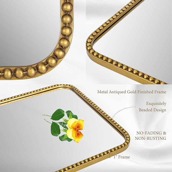 Wall Mirror for Bathroom - 20"x30" Rectangle Rounded Corner Beaded Frame Mirror, Large Vanity Mirror Hangs Horizontal or Vertical, Antique Gold