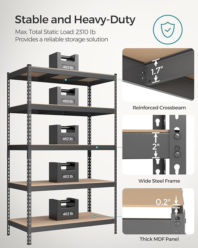 SONGMICS 5-Tier Storage Shelves, Load 2310 lb, Garage Storage, Boltless Assembly, Adjustable Shelving Unit, 23.6 x 47.2 x 70.9 Inches, for Study Shed Basement, Gray and Natural Beige UGLR600G01