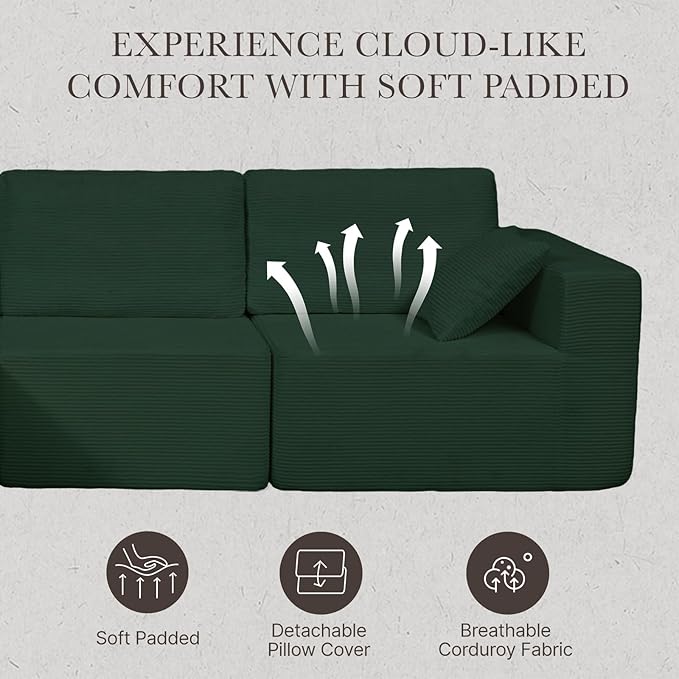 108” Modular Sectional Sofa Couch with Ottoman, 3-Seater Boneless Couch, L Shape Sectional Sofa Compressed Sofa for Living Room Bedroom, No Assembly Needed (Green, 3 Seats+1 Ottoman)