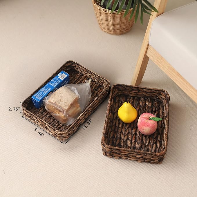 Water Hyacinth Woven Serving Tray Rectangular Hand-Woven Wicker Storage Trays for Coffee/Breakfast/Dessert/Fruit/Bread (Brown-Small)