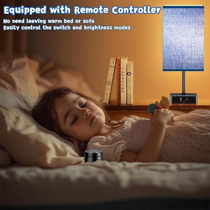 Bedside Lamp & Desk Lamp with Remote, Touch Control, USB-C/A Ports + Outlets | Blue Fabric Shade Nightstand Table Lamp for Bedroom, Living Room Lighting | Cute Modern Boho Lamp with Charging Station