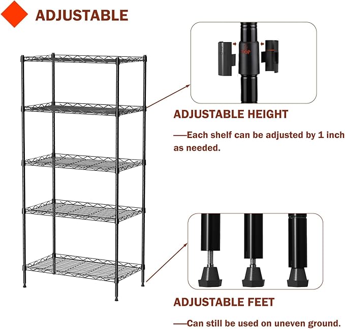 5 Tier Standing Metal Wire Shelving Unit, Adjustable Height, Storage Shelf Units for Laundry Bathroom Kitchen Pantry Closet (11.6" D x 21.2" W x 49" H inches, Black)