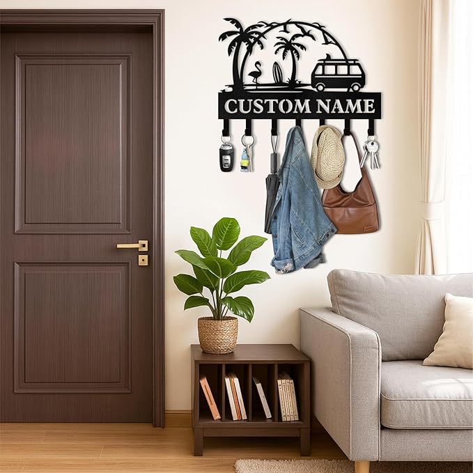 Personalized Key Holder for Wall, Beach Theme Key Holder Wall Mount with Hooks, Coconut Trees Key Hanger Wall Decor for Pool Bathroom Hallway Entryway Office, Customized Home Decor Gifts Color02