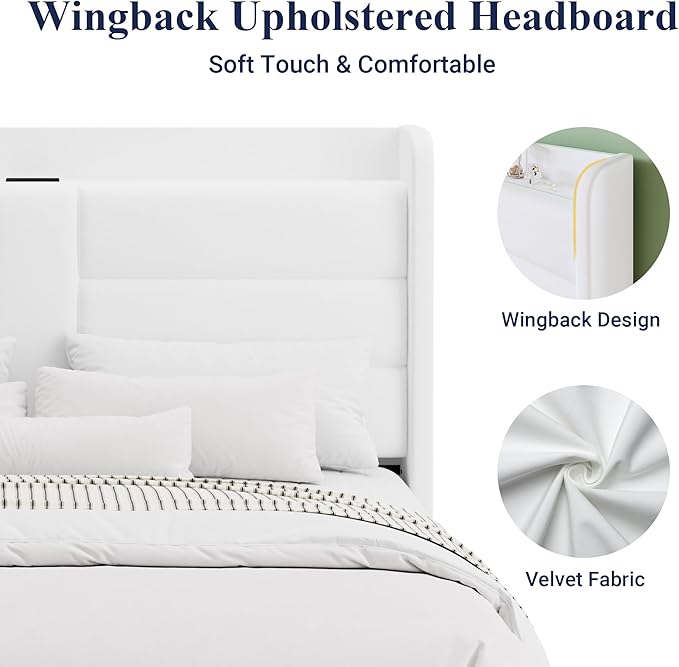 Allewie Queen Size Platform Bed Frame with Charging Station & Storage Headboard, Upholstered Velvet Wingback Design & USB Port, Strong Wooden Slats Support, No Box Spring Needed, Easy Assembly, White