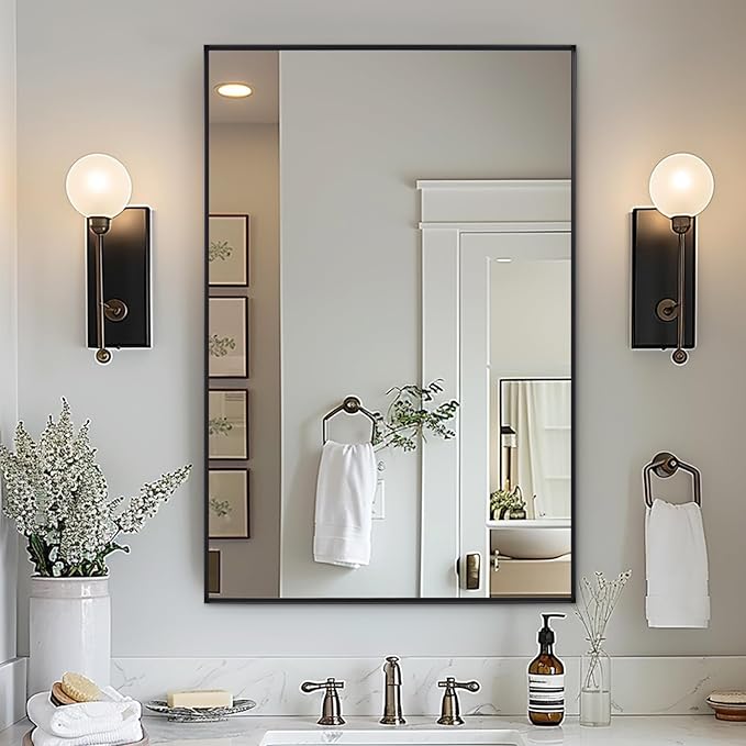 Wall Mirror 24" x 36" for Bathroom Modern Black Deep Frame Mirror for Wall Decorative Horizontal or Vertical Wall Mounted Mirror for Bedroom Living Room Entryway Wall Decor