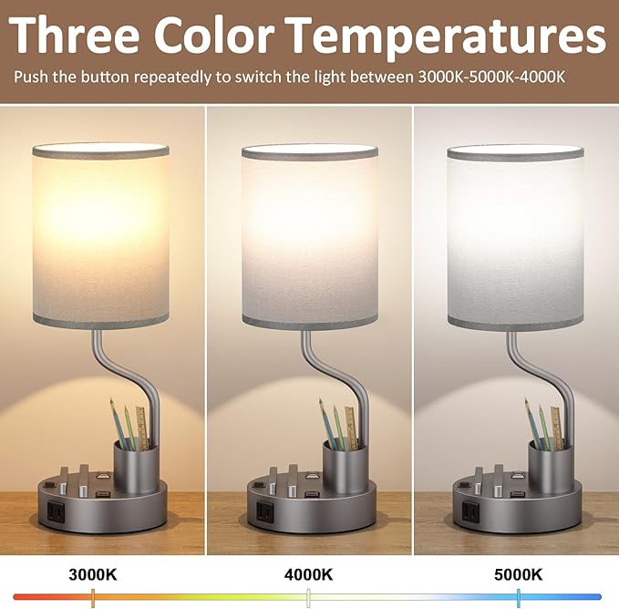 Grey Bedside Table Lamps for Bedroom Set of 2 - Nightstand Light with AC Outlet and USB A & C for Charging, 3 Color Temperatures Desk Lamp with Pen Holder & Phone Stand for Living Room/Dorm/Office