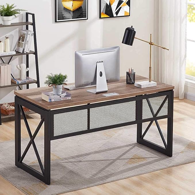 BON AUGURE Computer Desk for Home Office, Sturdy Office Desk, Wide Wood Metal Writing Table, Farmhouse Industrial Gaming Desks (60 Inch, Vintage Oak)
